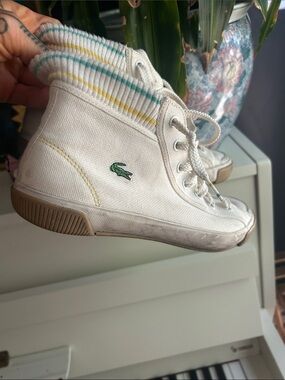 Lacoste Men’s White High-Top Canvas Sneakers with Green Crocodile US 9.5